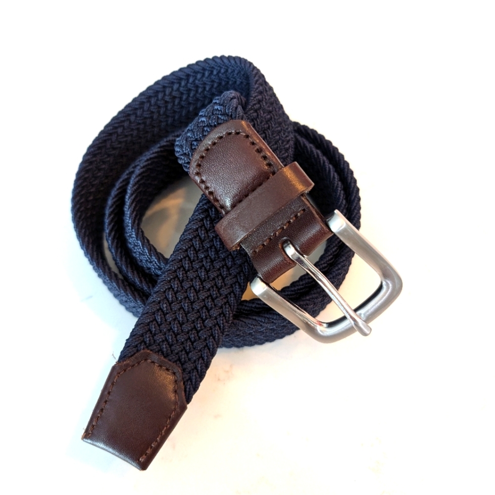 J. Crew Woven Braided elastic belt w/ rounded buckle navy naval blue size L EUC